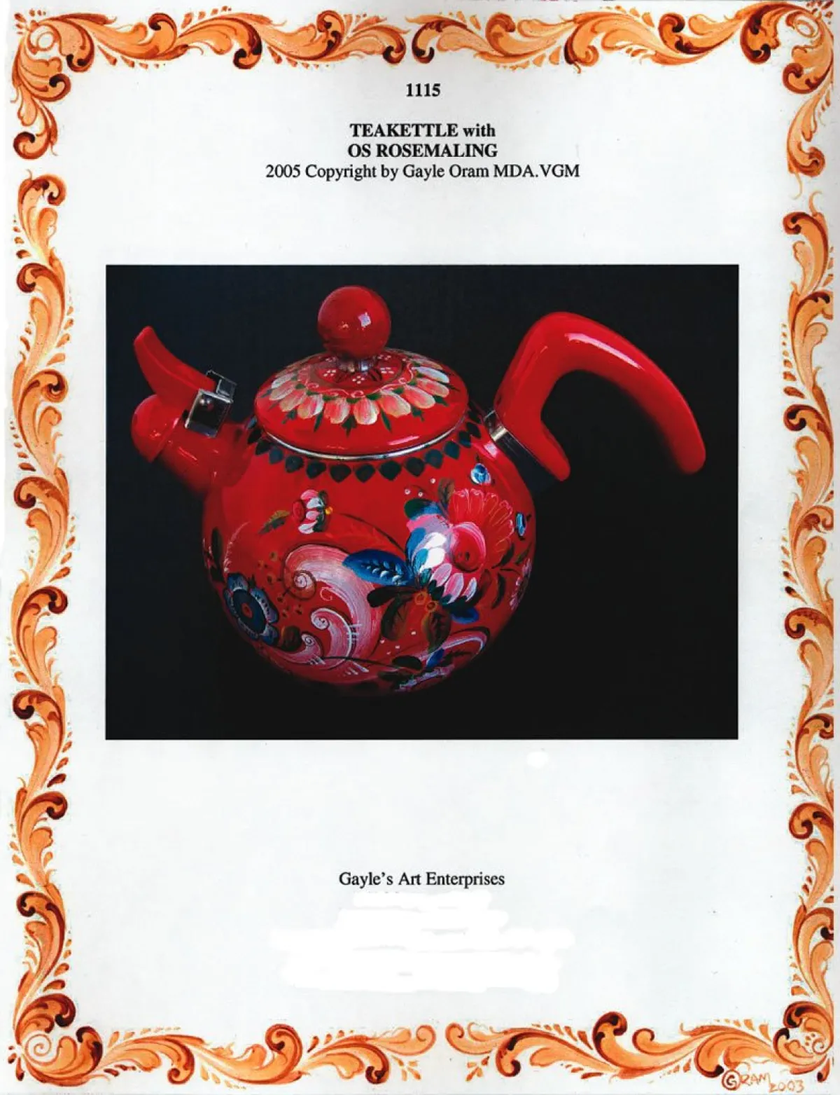 Vesterheim Rosemaling | Patterns & Design Packets-Os-Style Small Tea Kettle Pattern by Gayle Oram