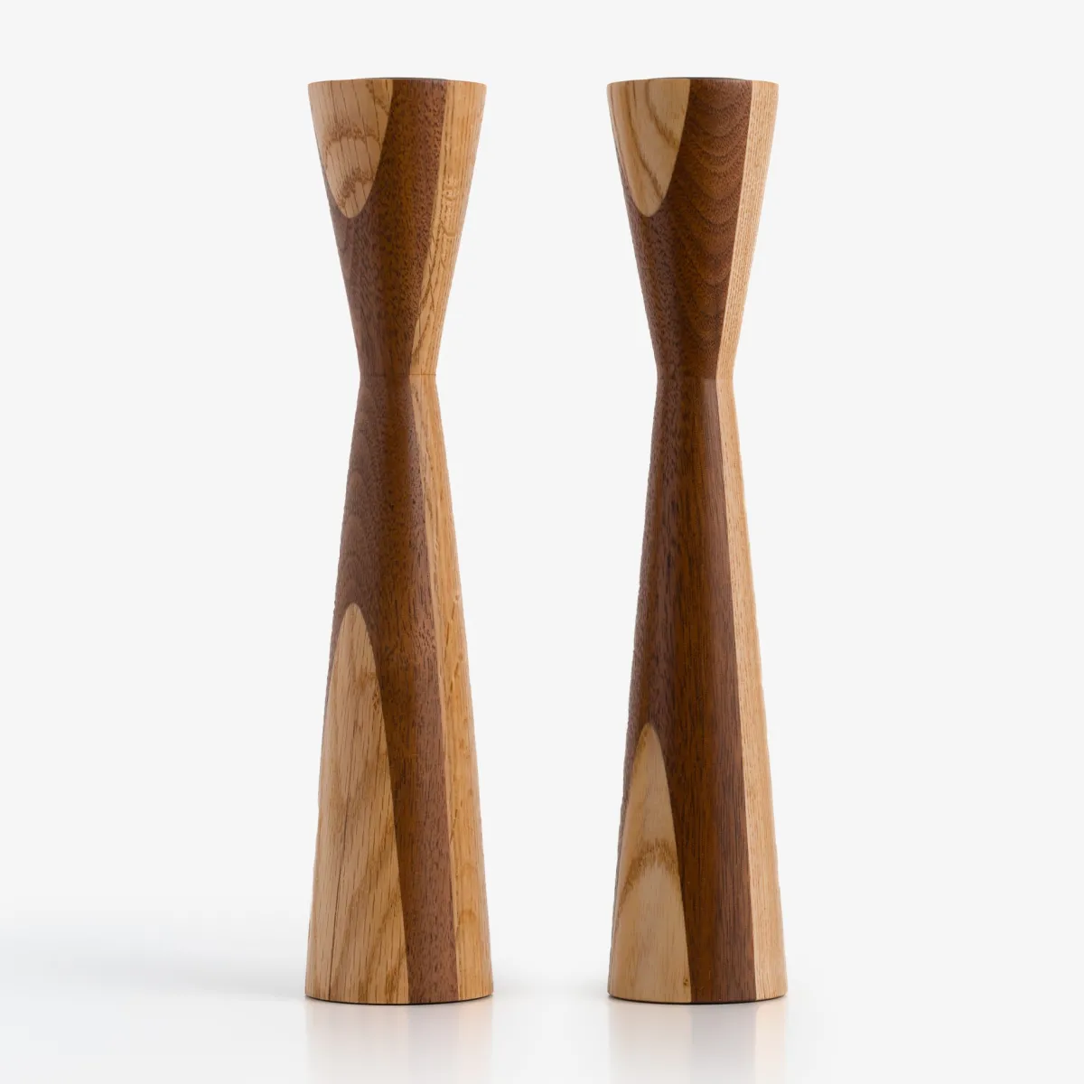 Vesterheim Woodworking | Serving-Pair of Triangular Hourglass Candle Holder by Robert Christman